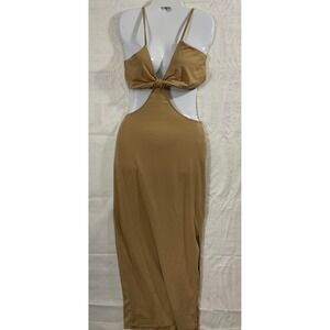 Love Star Maxi Dress Women Large Tan Cut Out Front Knot Side Slit Summer